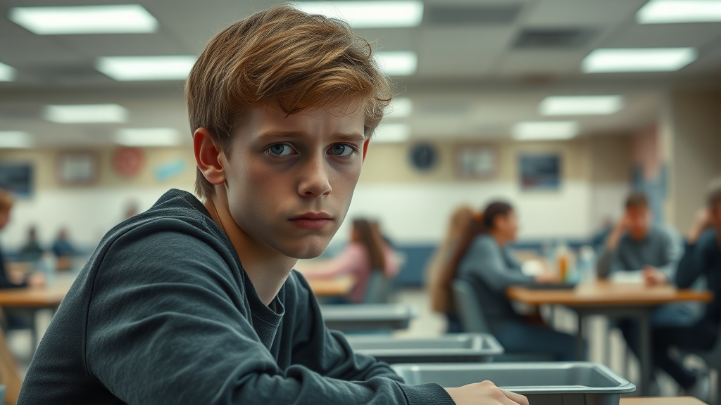Teenager looking isolated at a school cafeteria table, appearing anxious and disconnected, demonstrating behavioral and social health risks of teen vaping