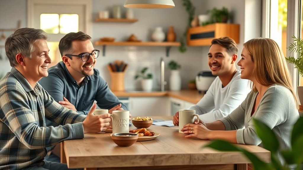 Family sitting at a kitchen table having a supportive conversation about the dangers of vaping to reduce teen vaping risks