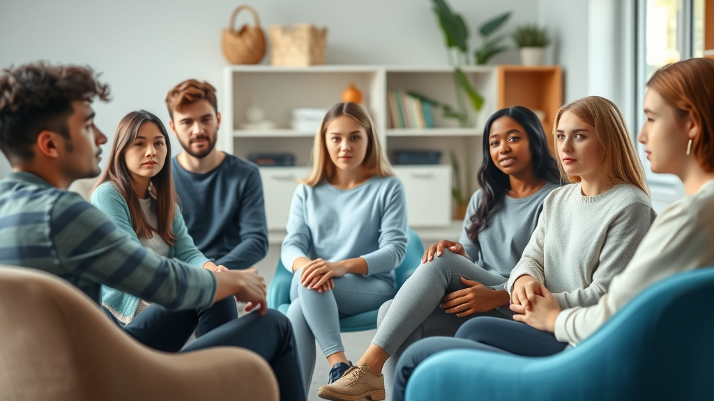 Teen addiction recovery support group therapy session in a bright, supportive counseling room
