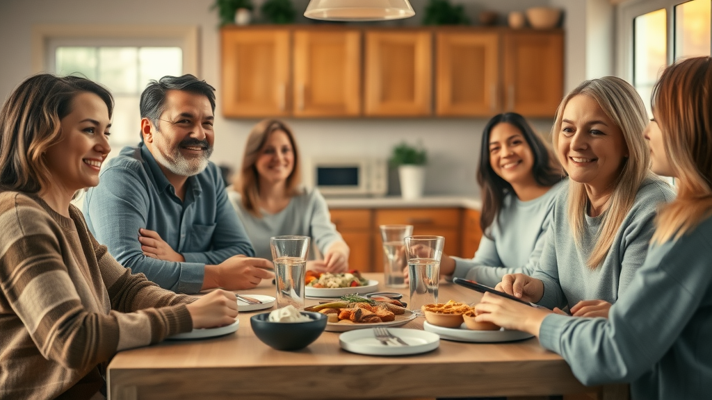 Supportive family gathering around kitchen table, sharing a meal and supporting recovery in a warm, inviting home