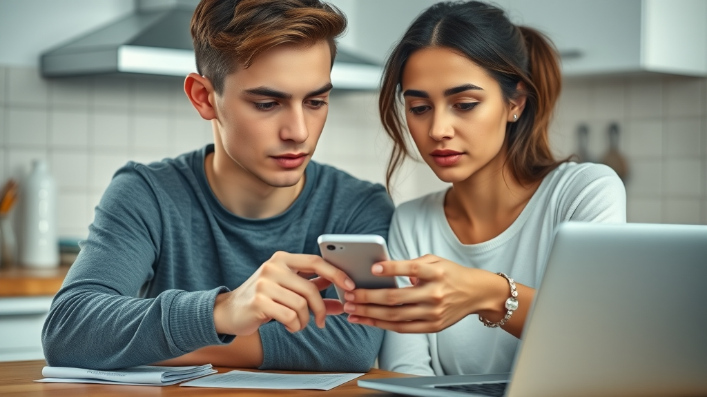 Young person with parent searching addiction recovery resources on smartphone in a bright kitchen with supportive interaction