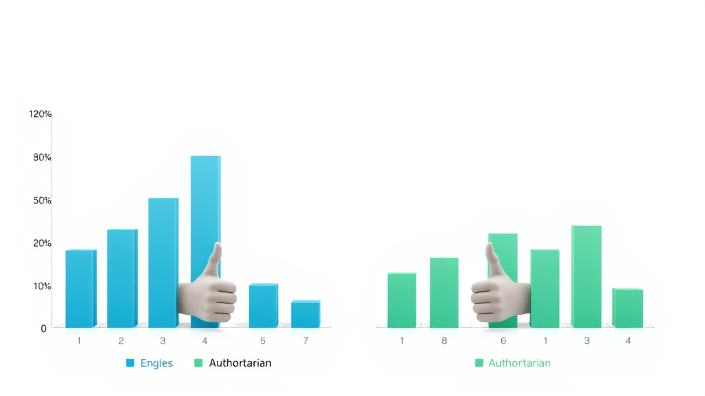 Bar graph infographic contrasting statistics between authoritative parenting and authoritarian parenting outcomes in children. Authoritative bar rises higher, authoritarian bar is lower. Soft blue and green modern vector art, no faces, photorealistic texture.
