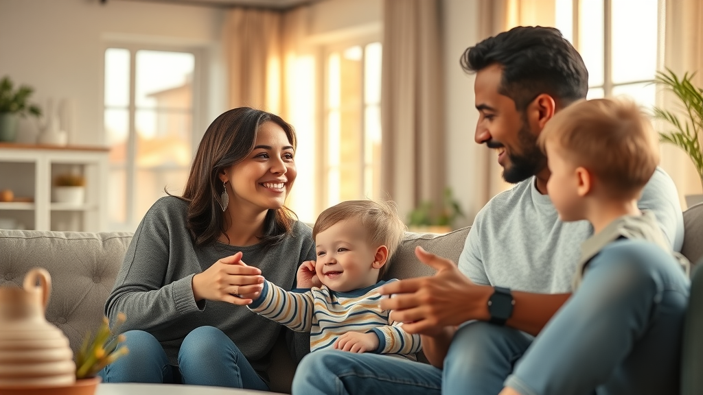 Diverse family having a relaxed conversation in a sunlit living room, portraying warmth and attentive parenting dynamics, connected to parenting style and authoritative parent concepts.
