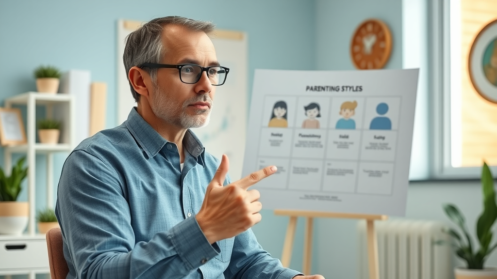 Child psychologist points at a chart showing four parenting styles in a bright, organized office, highlighting authoritative vs authoritarian parenting for child development.