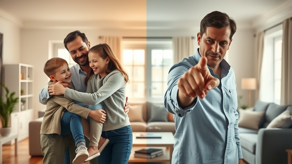 Split-scene of two parents with children: one parent using warmth (authoritative), the other stern (authoritarian), in contrasting living room settings illustrating differences in parenting style and outcomes.