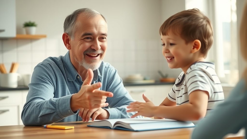 Friendly, supportive authoritative parent coaches child on homework in bright, inviting kitchen, embodying positive reinforcement and open communication.