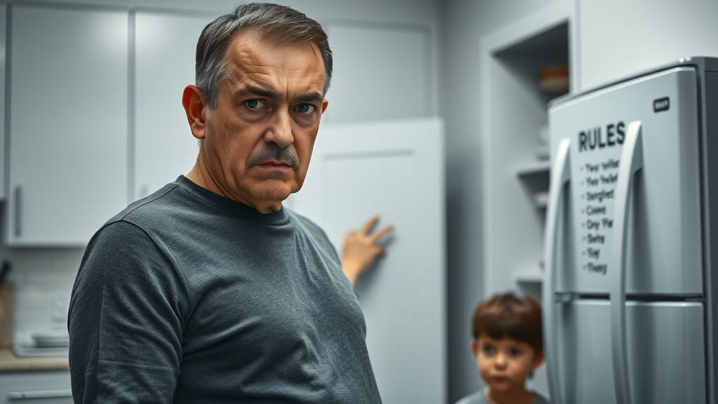 Stern authoritarian parent points to a list of rules in a tidy, cold modern kitchen; serious mood highlights low responsiveness and emphasis on obedience.