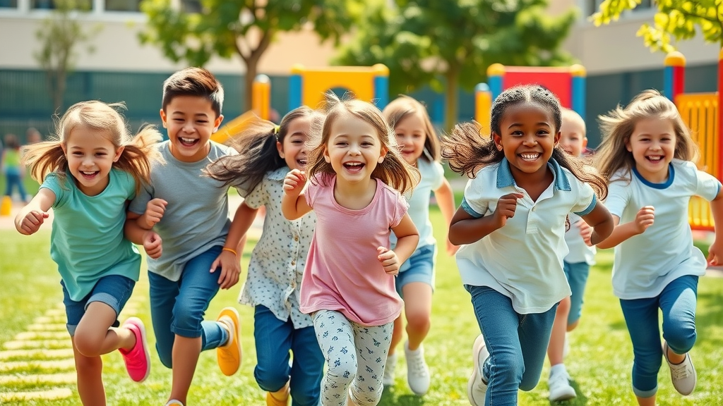 Children from diverse backgrounds laugh and play confidently together outdoors, representing positive impact of authoritative parenting on child development.
