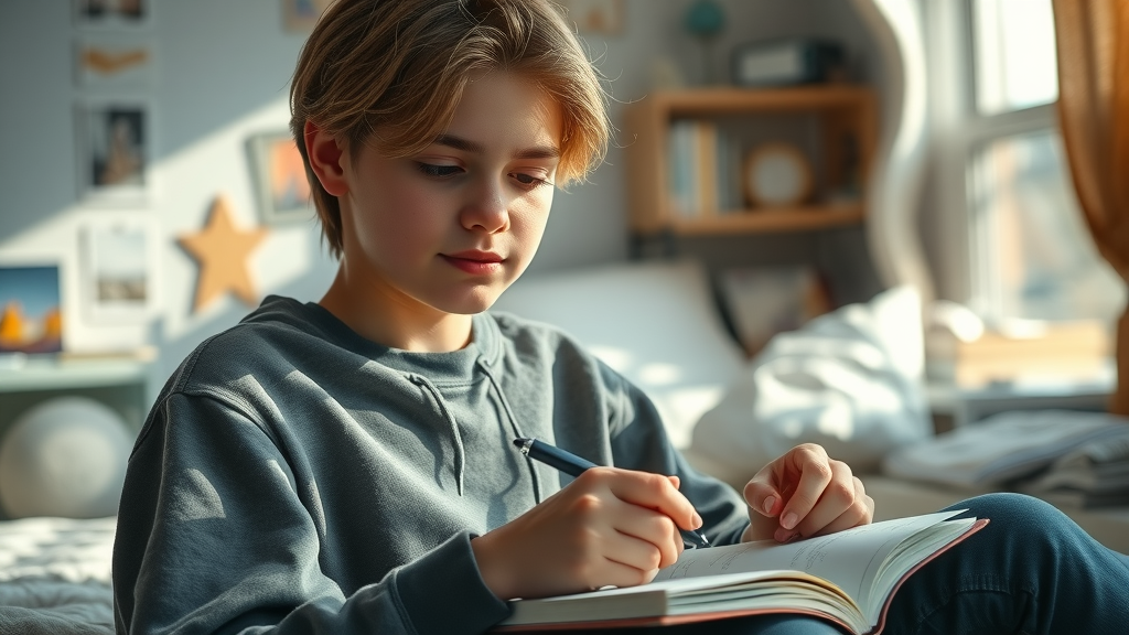 Reflective adolescent journals in a calm, sun-dappled bedroom, symbolizing psychological well-being linked to authoritative parenting and positive child development.