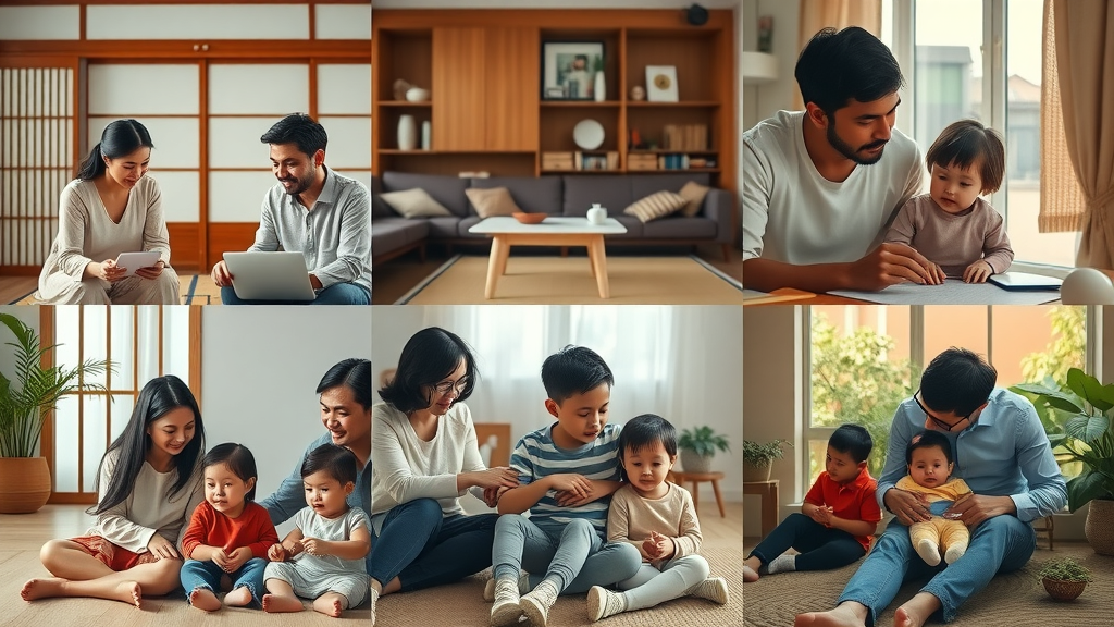 Photorealistic collage of global families from diverse cultures engaging in parenting, showcasing both authoritative and authoritarian approaches across different cultural backgrounds.