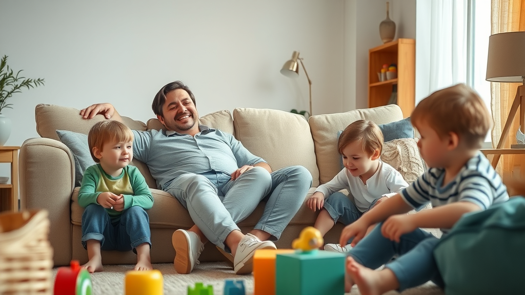 Permissive parent relaxes on sofa as children play freely in a slightly messy living room, illustrating differences from authoritative parenting.