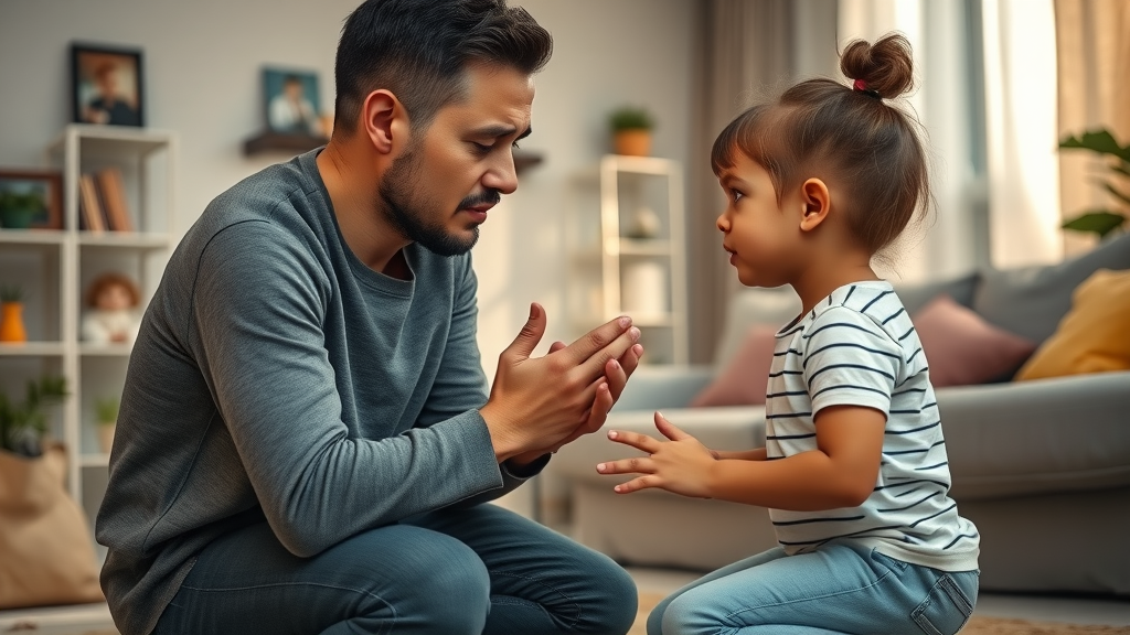 Parent kneels to calmly resolve conflict with an upset child, highlighting the contrast in conflict resolution styles between authoritative and authoritarian parenting.