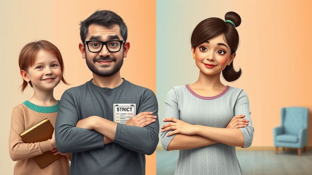 Visual guide to four parenting styles: authoritative, authoritarian, permissive, and uninvolved; each style visually represented by parental figures and contextual backgrounds, including books and rule chart.